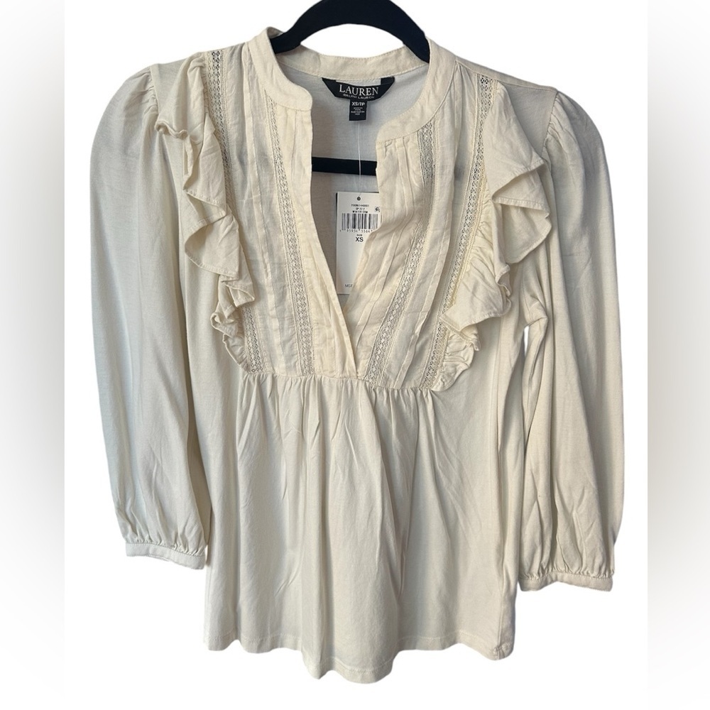Lauren Ralph Lauren Winter Creme Ruffled Bib Neck Top Size: XS